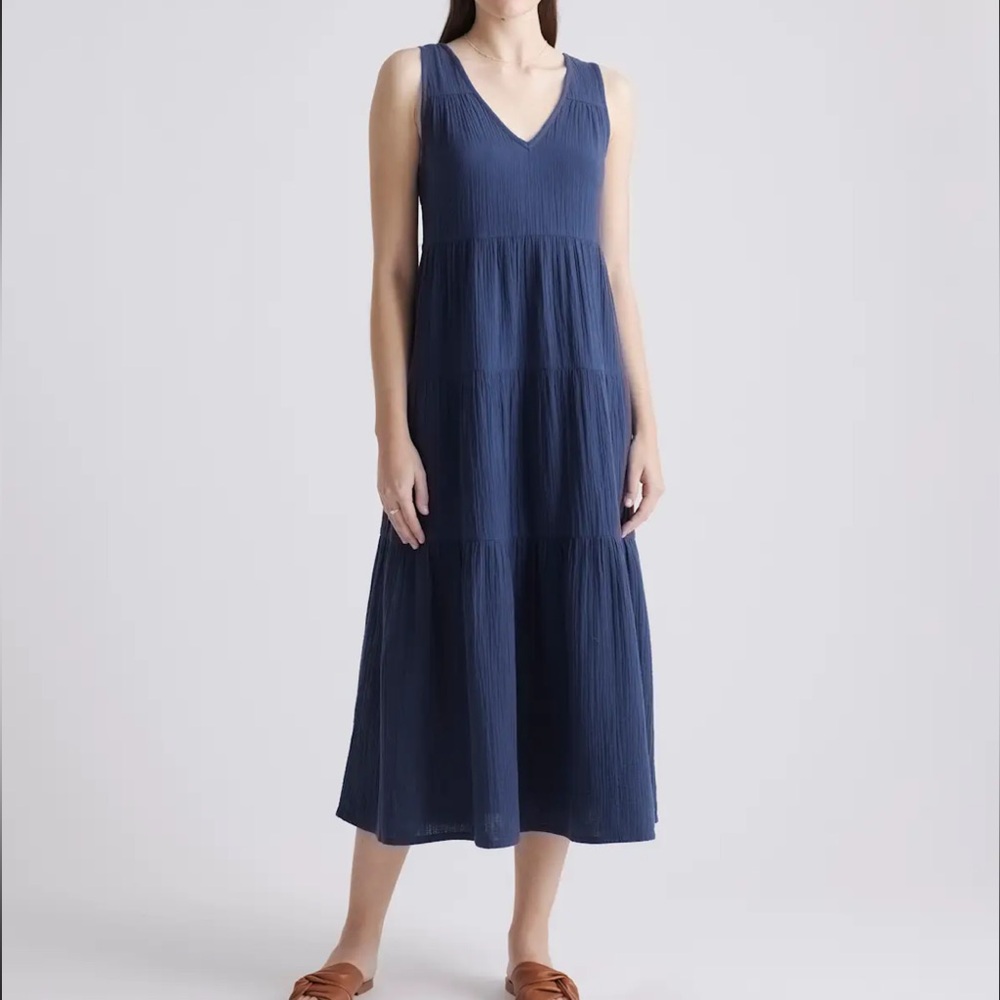 Quince NWT Navy Organic Cotton Guaze Tiered Maxi Dress Size Medium